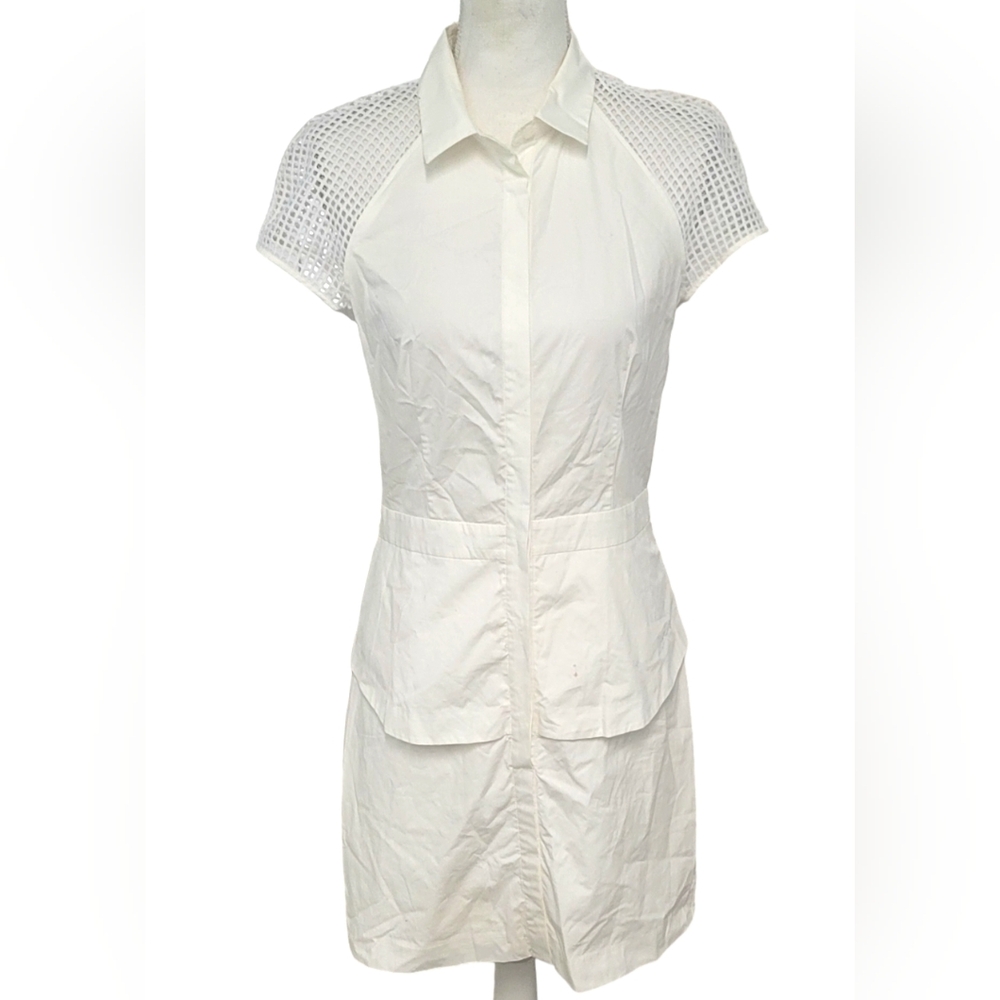 A|X Armani Exchange | White Poplin 3/4 Button Shirt Dress Mesh Shoulder | Size 6